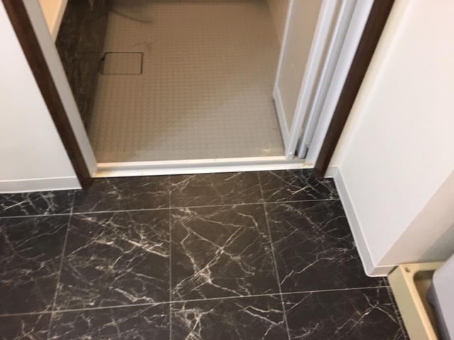 浴室入口はバリアフリーにできました。