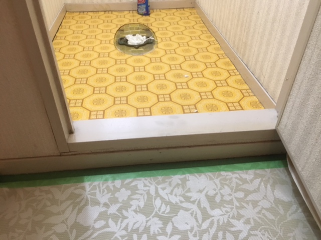トイレ取り外し段差の付いた入口カマチを取ります。