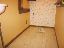 トイレ正面にかわいい柄のクロスでアクセントリラックマ<br /><br />床はビンテージ木目調ホワイトのフロアタイルで施工しました。<br /><br />キズに強く、撥水性もありお手入れも簡単です