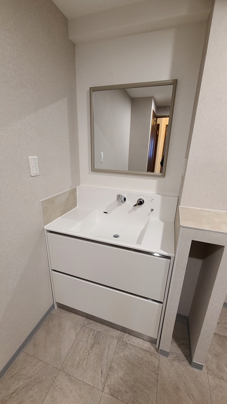 洗面化粧台はミラタップのプレーンVシリーズの横に棚を造作しています。